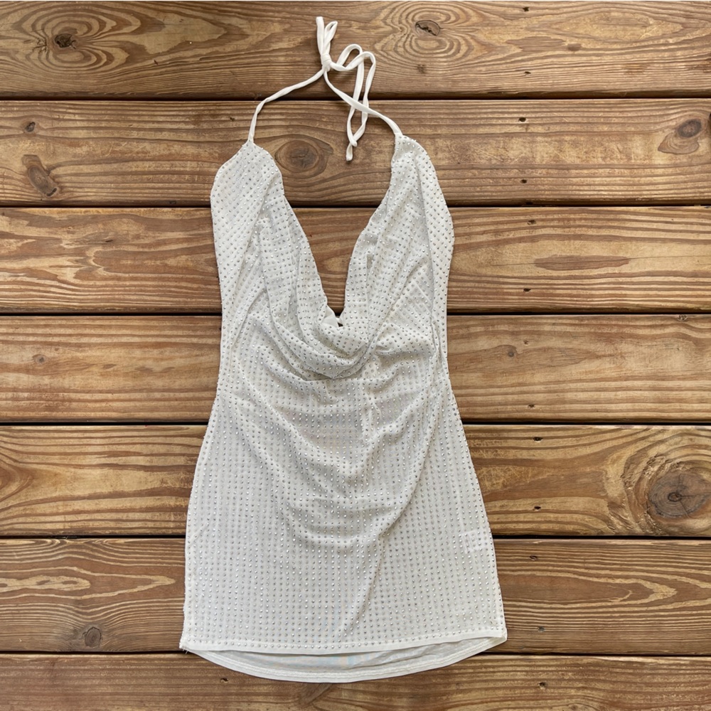 Bear Dance White Rhinestone Halter Mini Dress Size Large